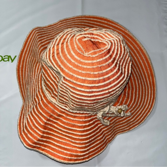 Peach Beige Striped Beach Hat Straw Floppy Resort Hat Wide Brim Textured Stripes - Picture 9 of 14